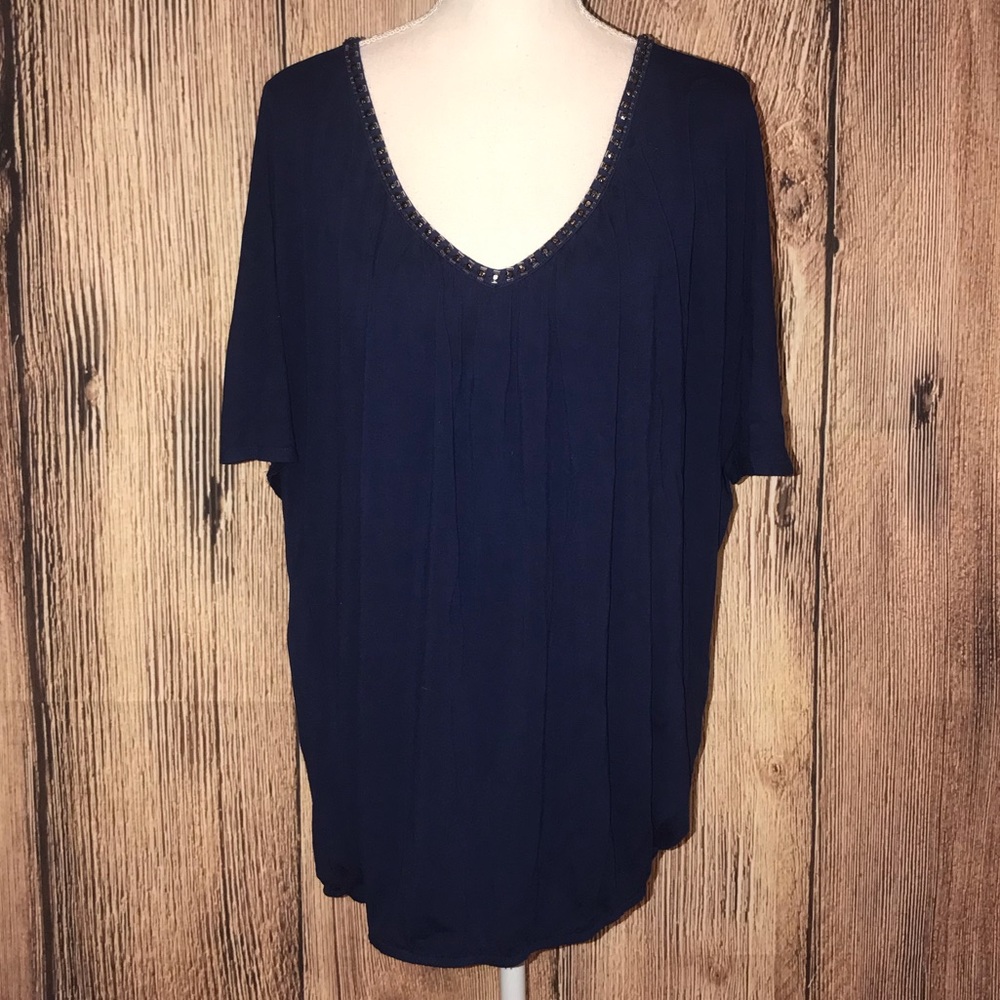 BKE BOUTIQUE LARGE BLUE & SILVER BACKLESS BLOUSE